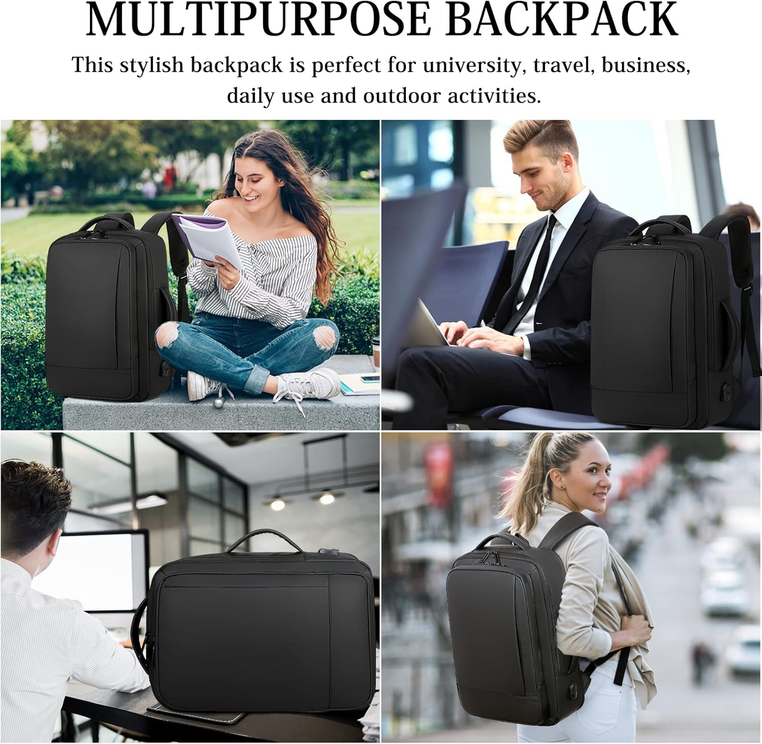 Travel Laptop Backpack 15.6 Inch Expandable Large Backpacks for Men Women Waterproof Business College Computer Bag with USB Charging Port,Black