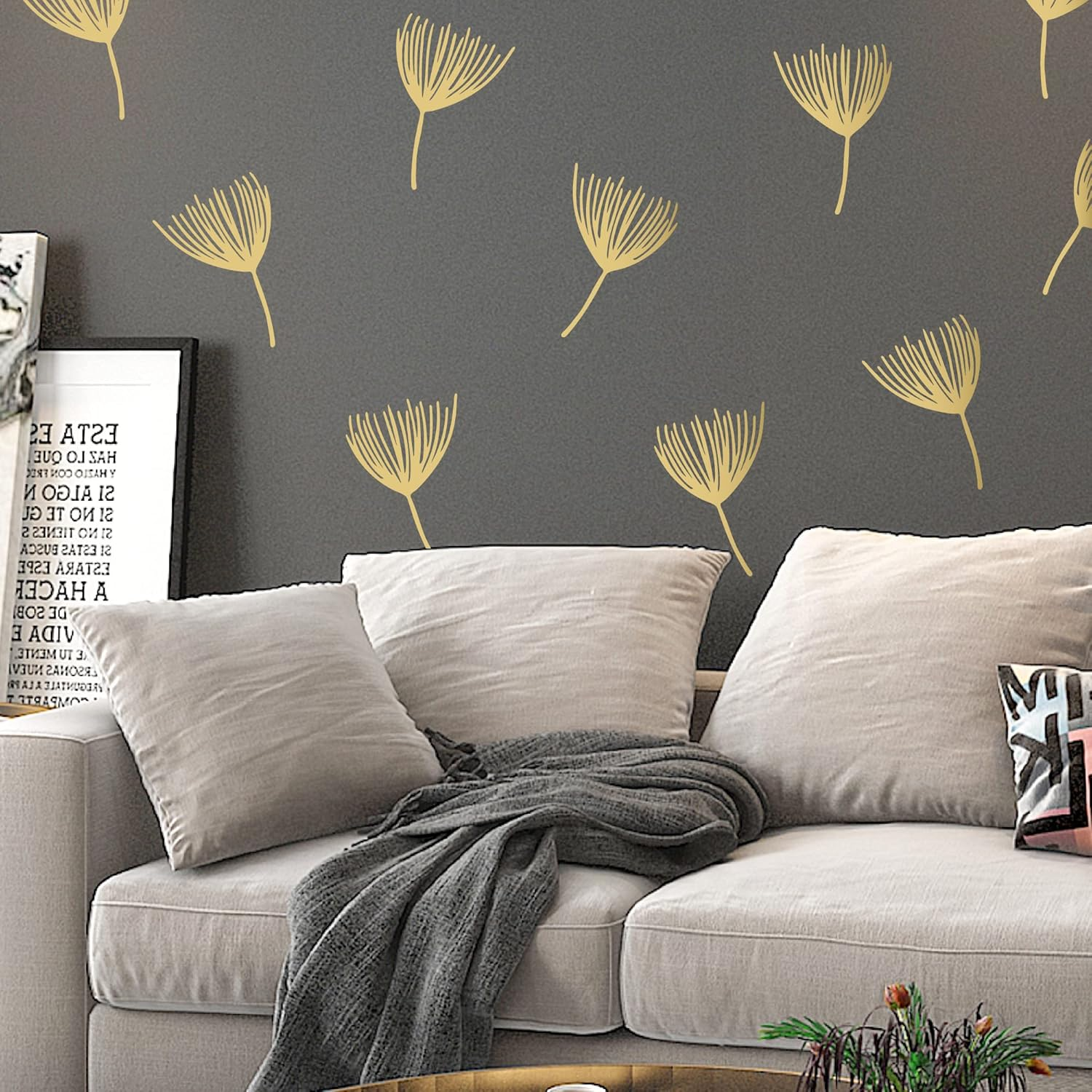 SHYJSHYJ a Room with Metallic Gold Vinyl Flowers Wall Decals, Peel and Stick Modern Floral Dandelion Pappus Stickers for Bedroom Livingroom Home Wall Art Decor