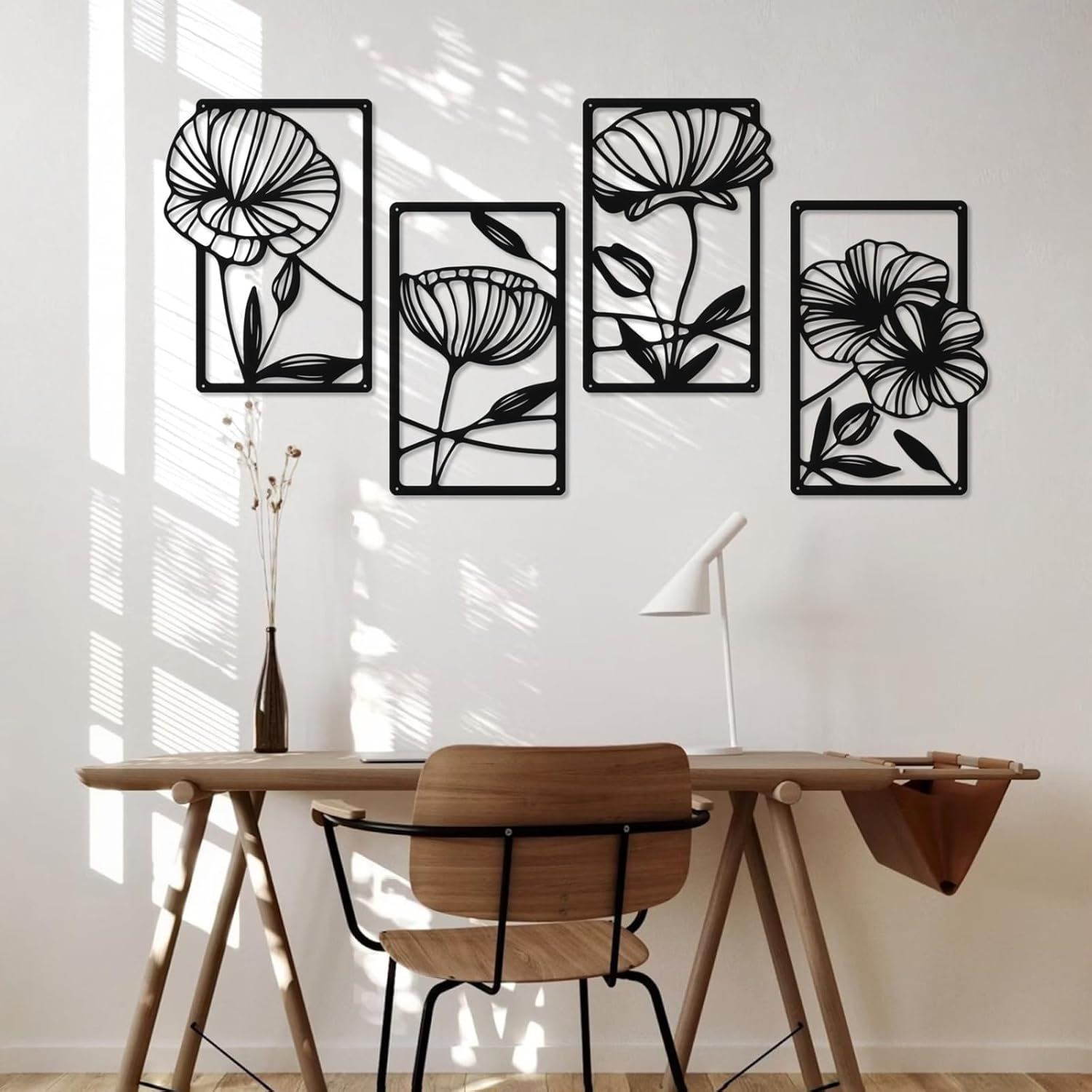 Ouqiesli 4 Pack Black Metal Flower Wall Art, Minimalist Home Decor 40 * 24Cm Set image number 1