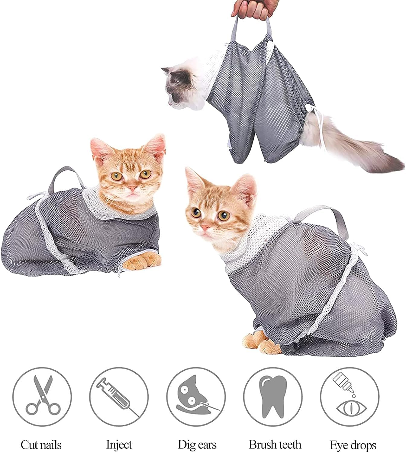 Adjustable Cat Bathing Shower Bag, 1Pc Anti-Bite & Anti-Scratch Cat Bath Washing Restraint Bag, Breathable Mesh Cat Grooming Bag for Shower, Grey image number 6