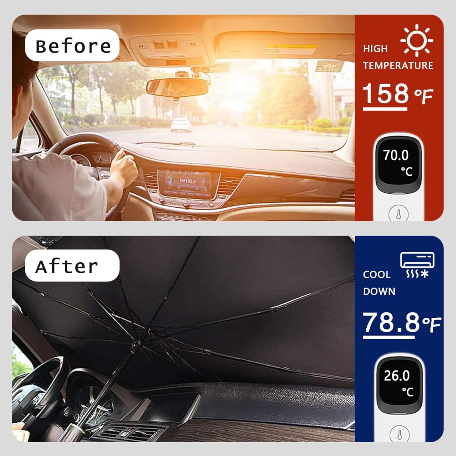 Foldable Car Windshield Sun Shade - Reflective Umbrella Sunshade Cover, UV and Heat Blocker, Universal Fit for All Car Front Windows image number 3