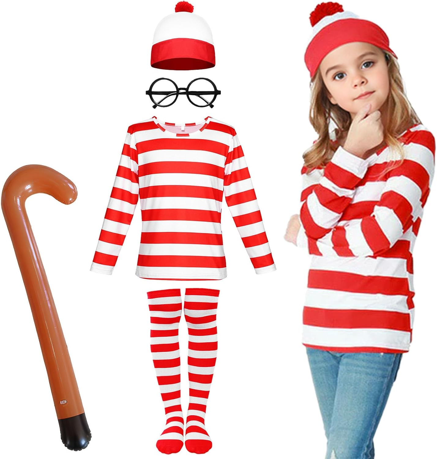 Wally Costume Kids Cosplay Accessories Set for Girls Boy Red and White Striped T Shirt Hat Glasses Walking Stick Socks Book Day Costumes