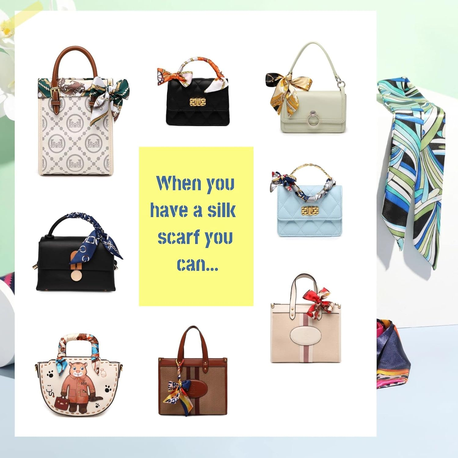 59" Long Silk Head Scarf for Women Neck Scarf Belt Satin Scarf for Hair Lightweight Purse Scarf - Black Pattern image number 2