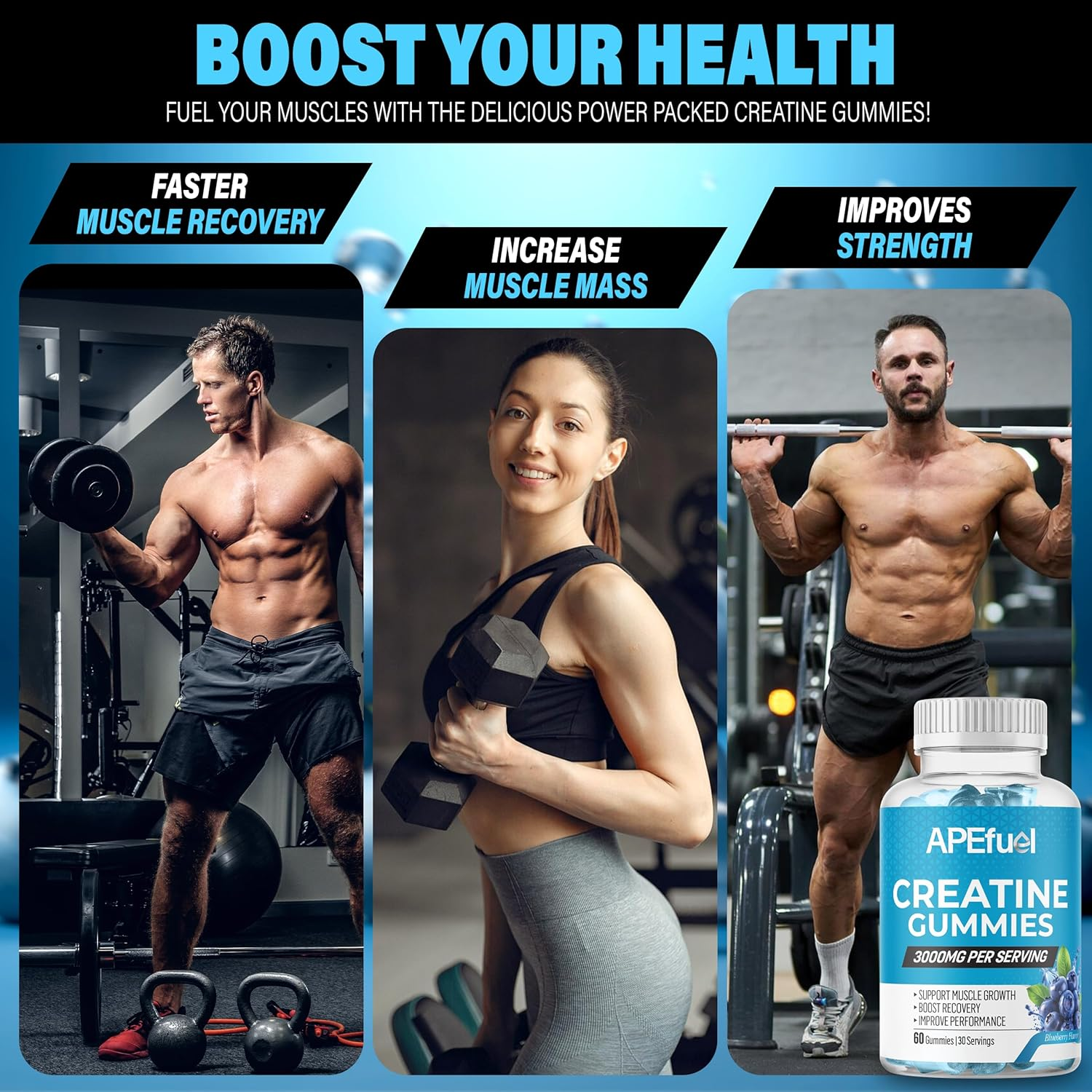 Apefuel Creatine Gummies for Men & Women - Sugar-Free Blueberry Flavored Pre-Workout Gummies for Muscle Growth, Strength & Cognitive Support - 3000Mg Creatine Dietary Supplement (30-Days Supply) image number 4