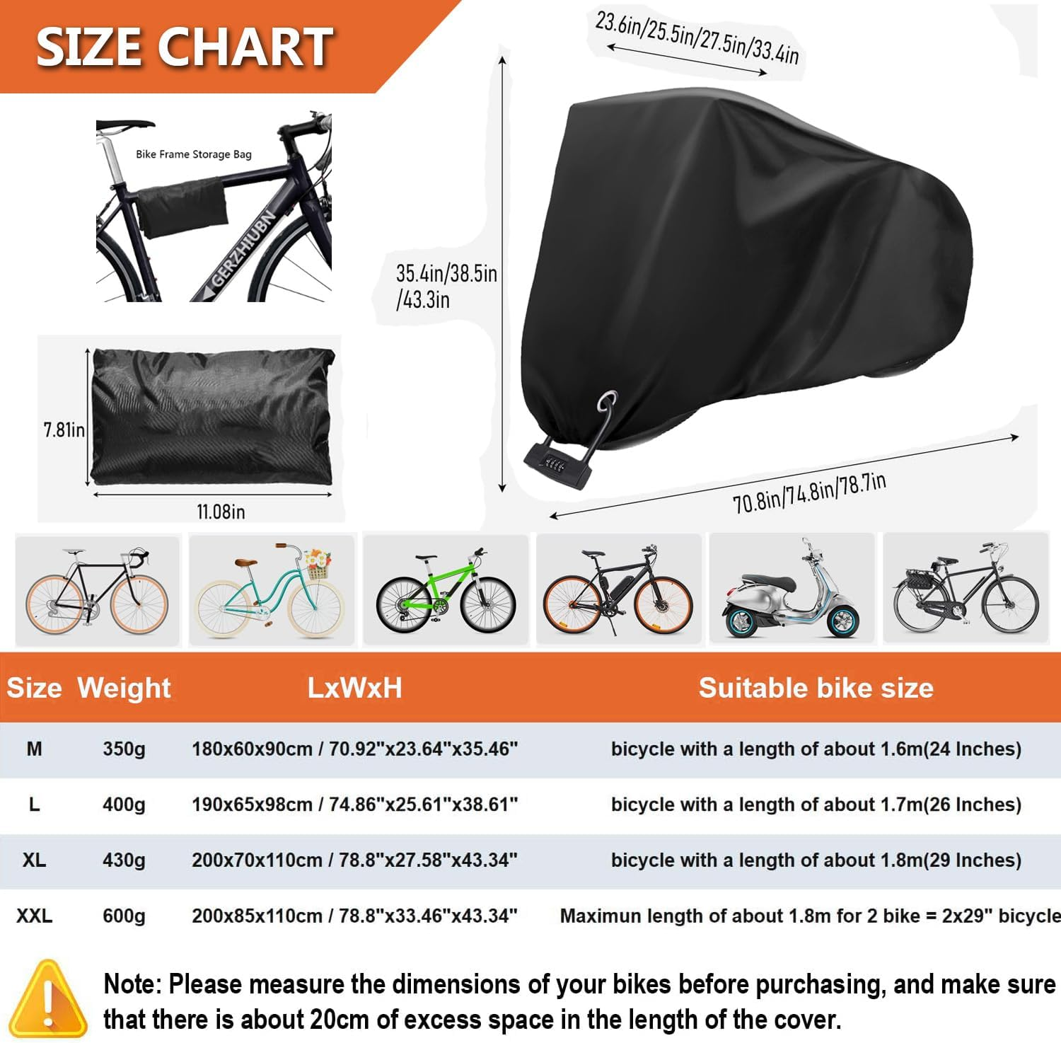 GERZHIUBN Bike Cover, Waterproof Bicycle Cover, 210T anti Dust UV Protection with Lock Holes & Storage Bag Fits for Most Bikes up to 29",M image number 1