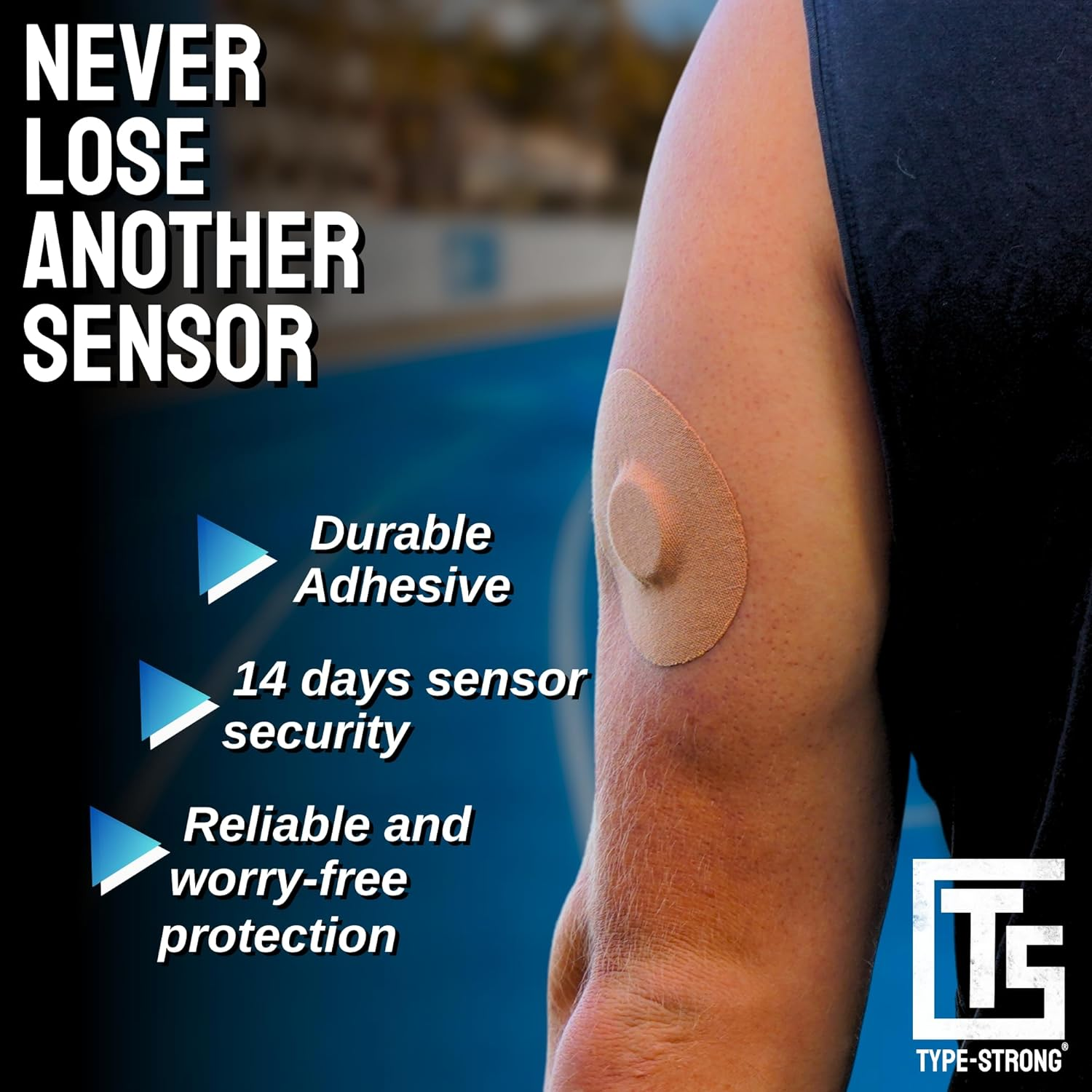 Type Strong Adhesive Patches for Freestyle Libre 2, Libre 3, Dexcom G7, Medtronic Guardian. Pre-Cut for Sensitive Skin, Waterproof, & Sweat-Resistant. 10-14 Days of Sensor Protection. 20 Pack, Tan. image number 4