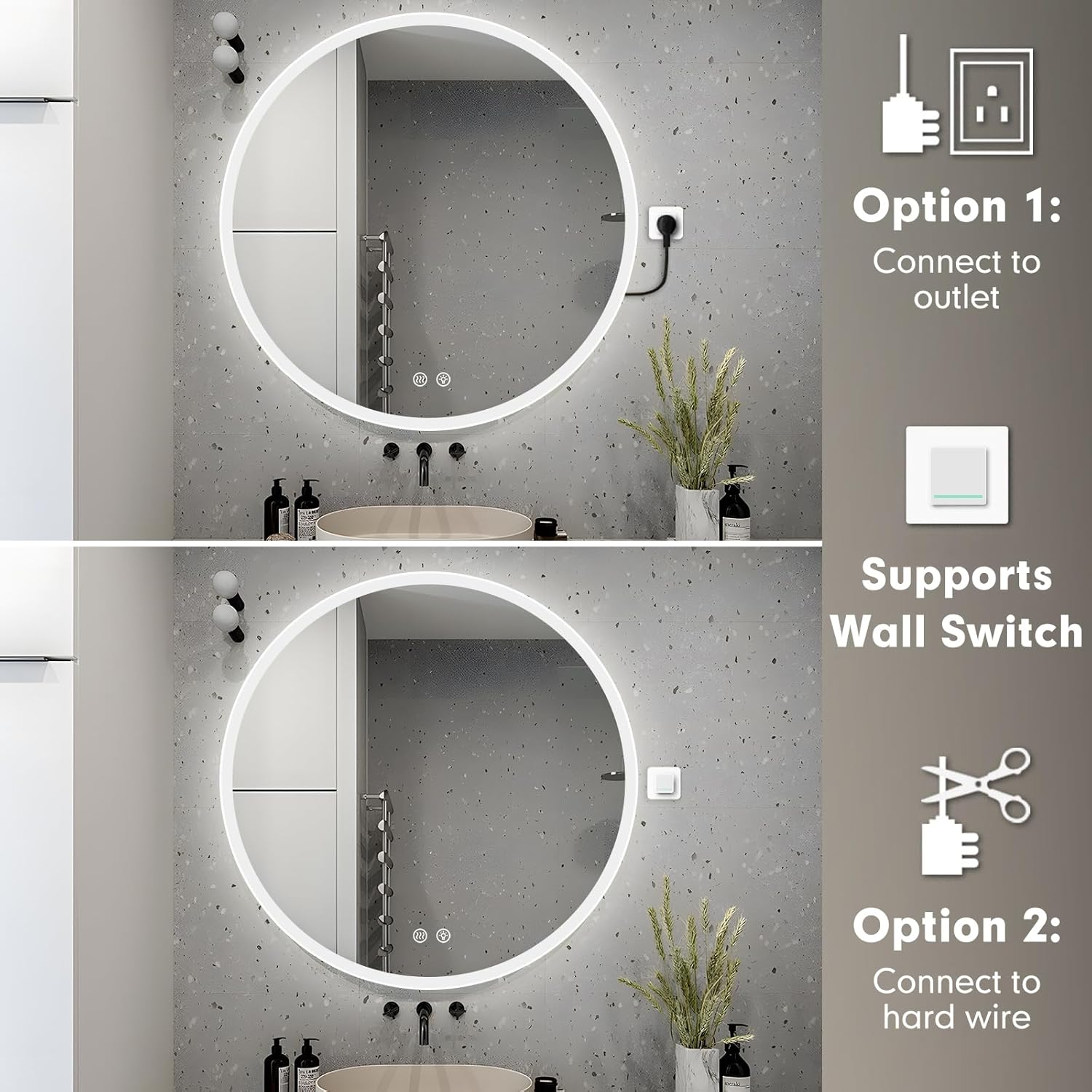 28 Inch Led Bathroom Mirror Frameless Bathroom Mirror with Lights Dimmable anti Fog Backlit Mirror round Smart Lighted Bathroom Mirrors Wall Mounted Touch Button,Tempered Glass,Memory Function image number 6