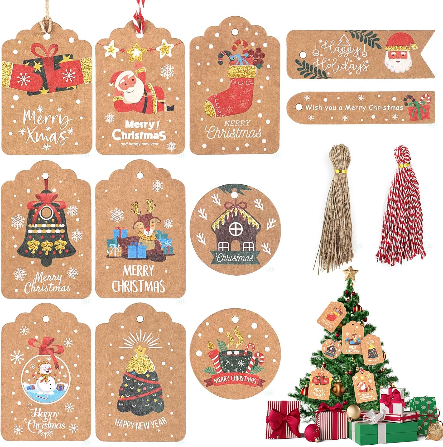 Hianjoo 110 Pcs Christmas Kraft Paper Gift Tags with Jute Twine, Xmas Gift Tags Parcel Tags Tree Present Hang Labels for DIY Homemade Holiday Present Wrap Stamp Label Package Name Tag, Golden