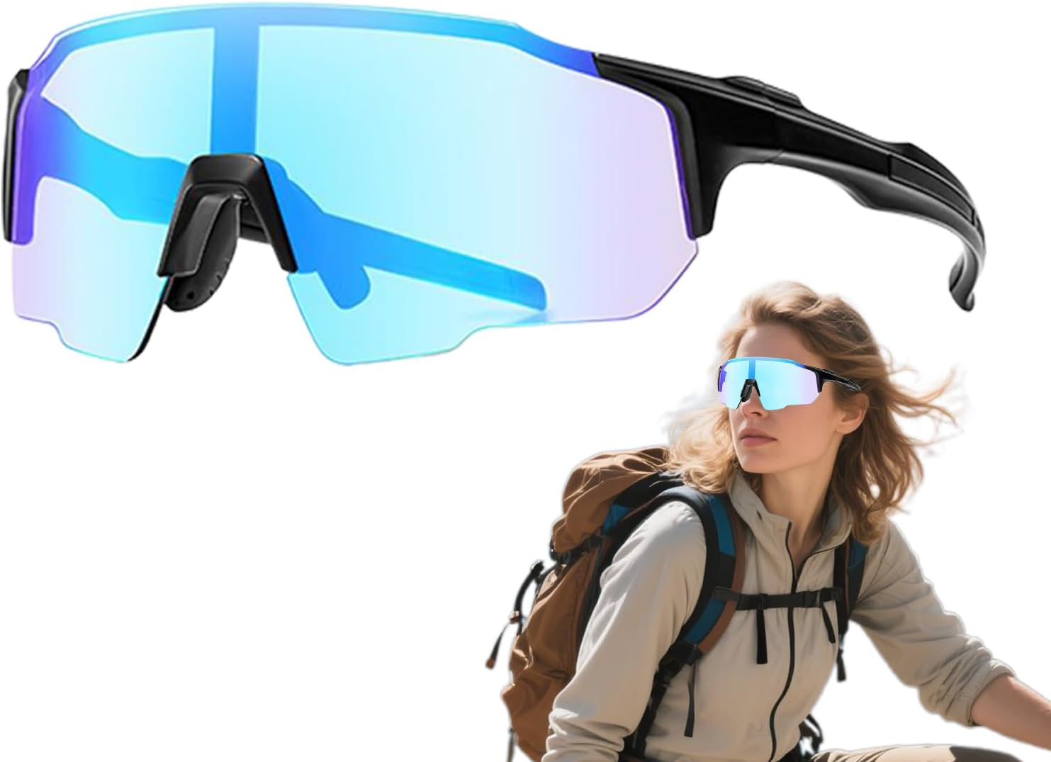 Photochromic Sunglasses | UV Protection Sunglasses | Eyewear for Hiking Bike Fishing Running Outdoor Mountain Daily Driving Women Road Sports with Light Adaptive Lens Technology - Blue image number 6