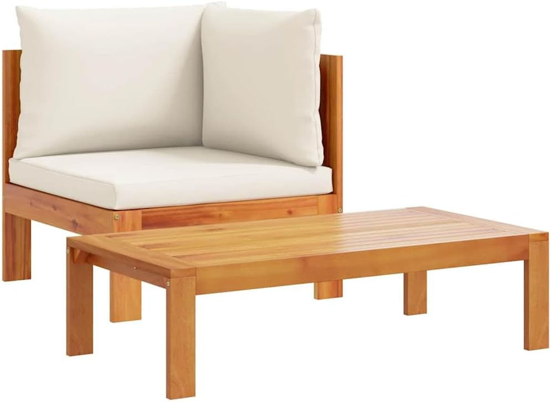 Vidaxl Garden Sofa - Outdoor 2-Seater Solid Wood Acacia with Cushions - Modular Patio/Lounge Deck Seating, Cream/Brown