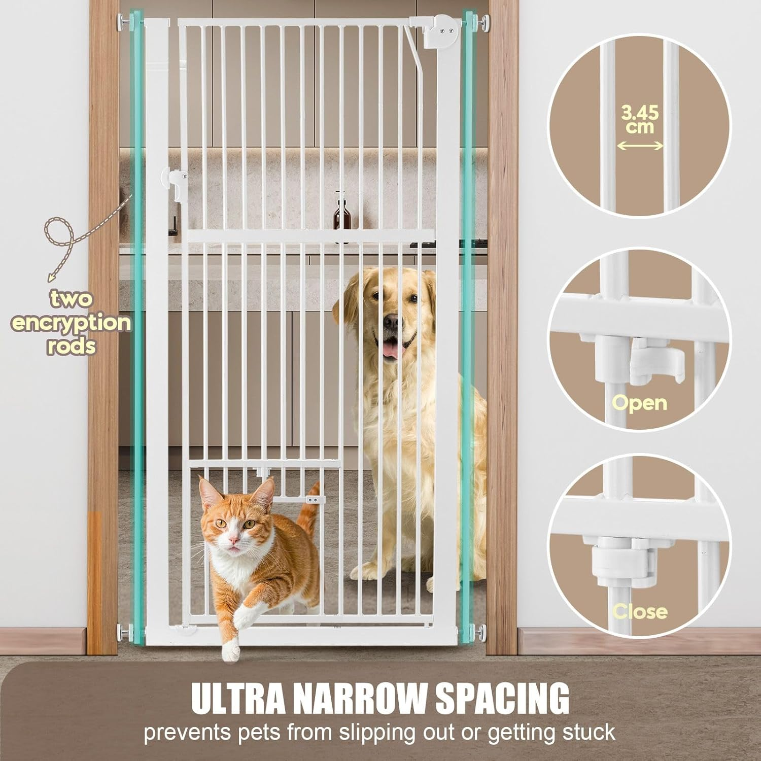 Pet Scene Safety Gate for Pet Dog Cat Security 142Cm Extra Tall Retractable Pet Fence Enclosure Guard Kitchen Doorway Stairs Barrier with Walk through Door