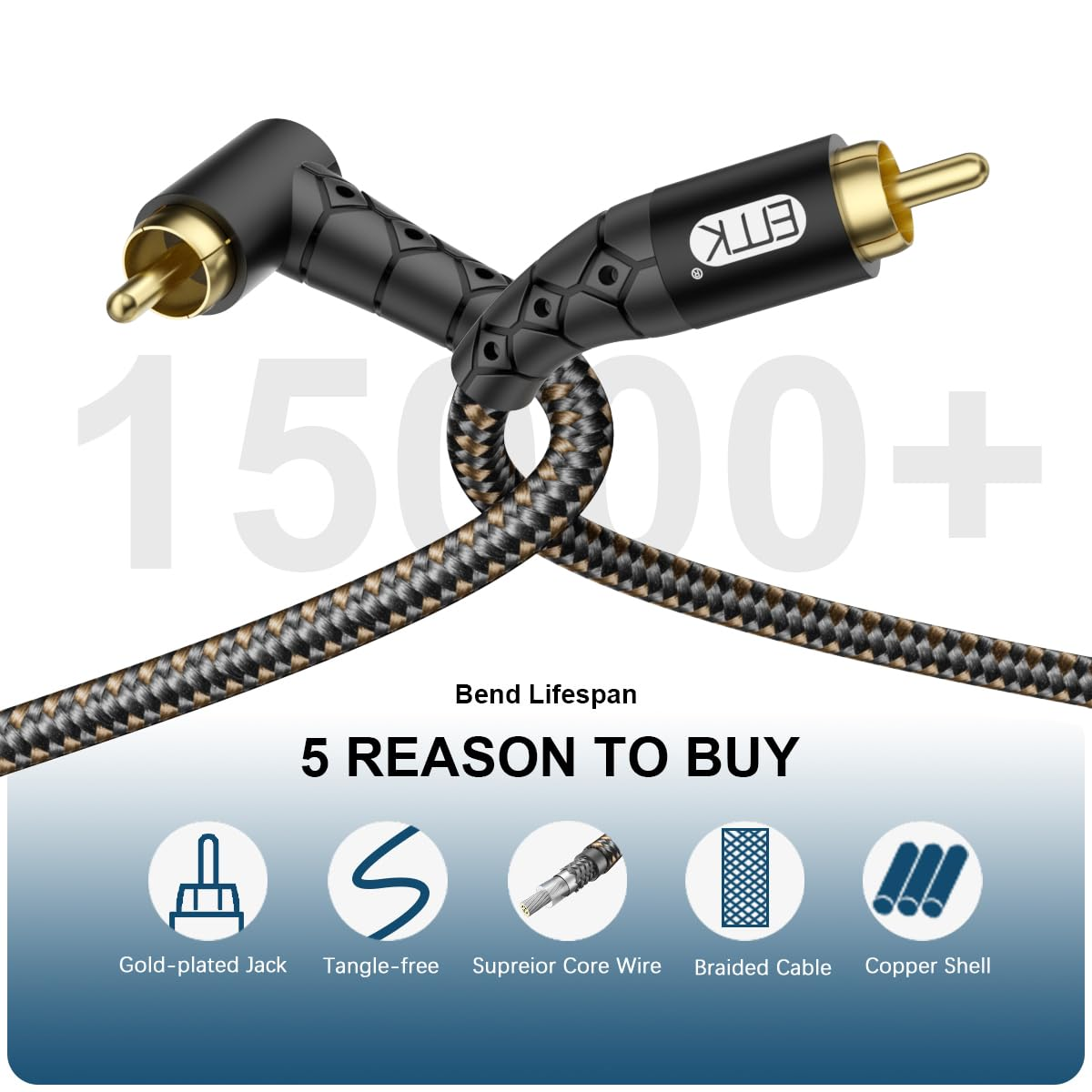 EMK 90 Degree RCA Subwoofer Cable 24K Gold-Plated Connector Nylon Braided Double Shielded &ndash; Support Digital & Analog Signals for Amplifier, Home Theater, Hi-Fi System,Subwoofer Black/15Ft/5M image number 3
