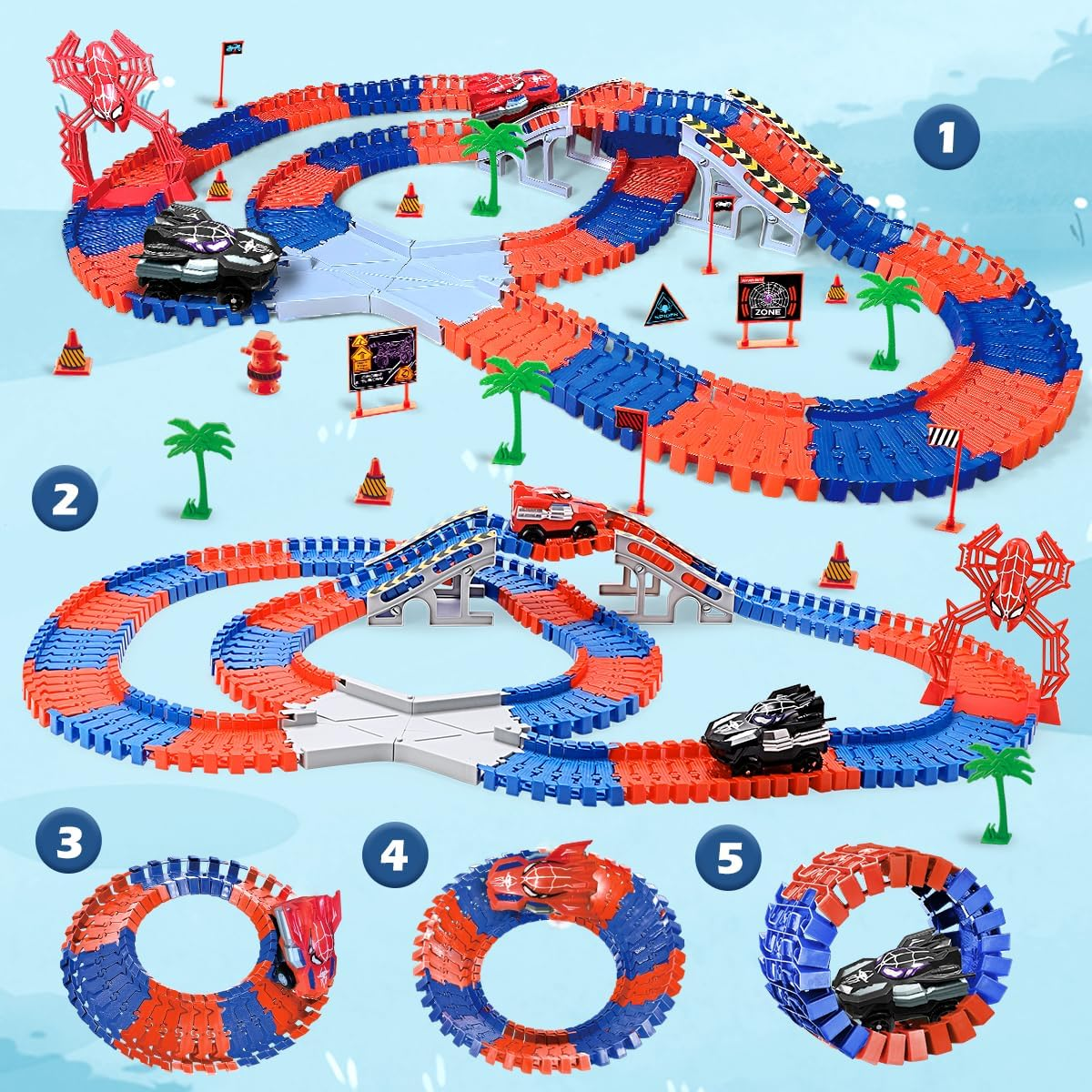 Kaekid Spider Race Track for Kids Age 3-8, 212PCS Race Car Track with 2 Spider Cars, DIY Flexible Track Playset, Toddler Toys Birthday Gifts for Kids image number 3