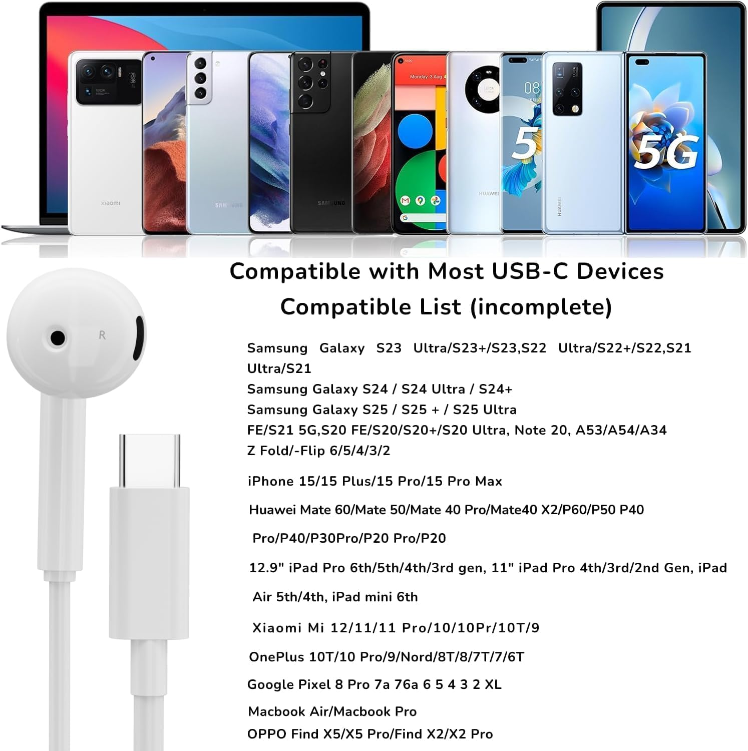 USB C Headphones, In-Ear Earphones with Mic for Galaxy S24 / S23 / S22 / S21, Note 20/10, Ios Phone 15/16 MAX,PRO MAX,MINI Other USB C Device without 3.5Mm Jack.