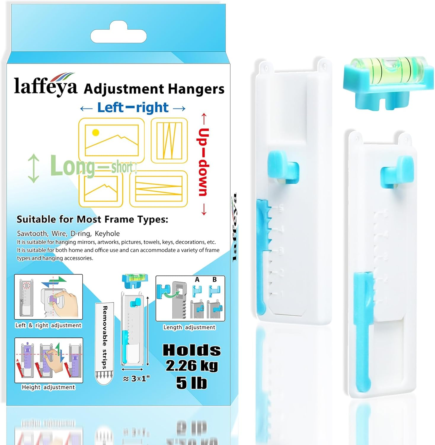 Laffeya Picture Hangers, Adjustable Adhesive Wall Hooks with Level, Damage Free Hanging Strips Hanger for Art, Photos, Mirrors & Decor Frame (Picture Hook, 2) image number 2