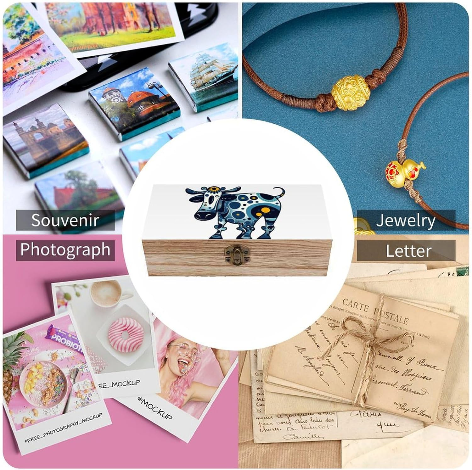 Cow Wooden Box Wood Wedding Keepsake Boxes with Lids Small Decorative Boxes Lightweight Wooden Memory Storage Box for Crafts Keepsakes Jewelry Photo Letter Storage image number 5