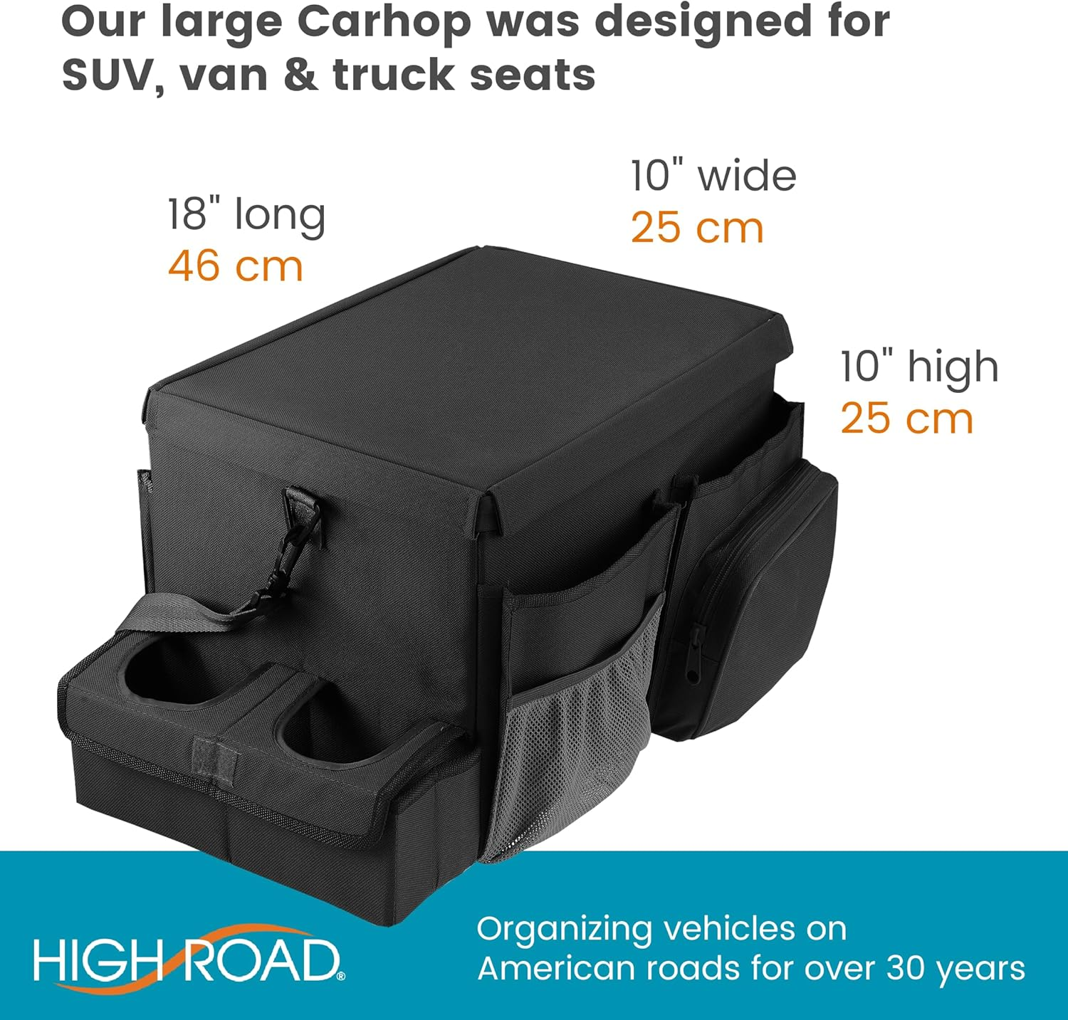 High Road Large Carhop Car Seat Organizer for the Front or Back Seat for Kids and Adults with Cup Holder Tray, Side Pockets and Cooler Compartment image number 1