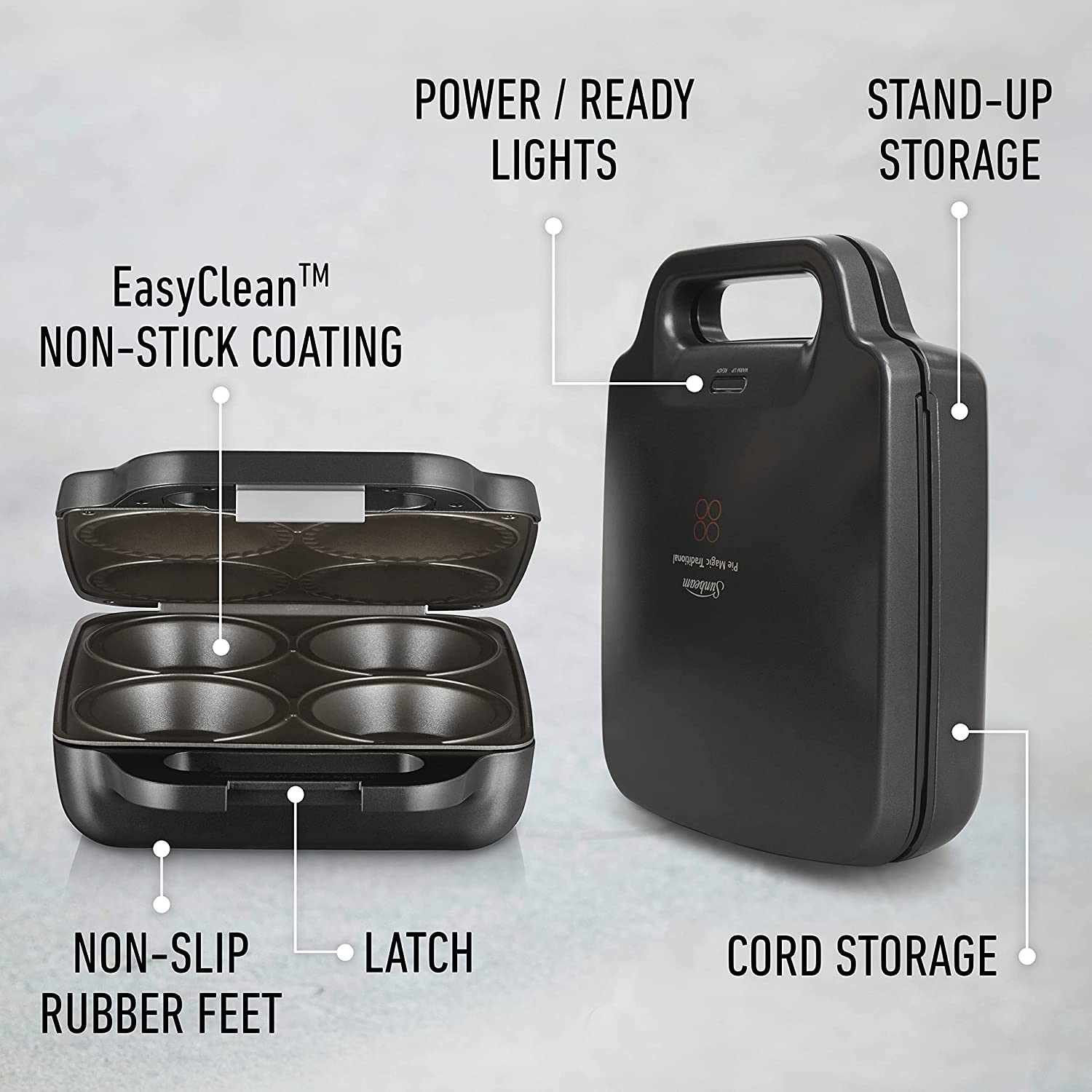 Sunbeam Pie Magic 4 up | Electric Pie Maker, Deep-Fill Plates Make 4 Traditional-Sized Crispy Pies, with Pastry Cutter for Perfect Portions & Pie Maker Recipes E-Booklet, Grey image number 2