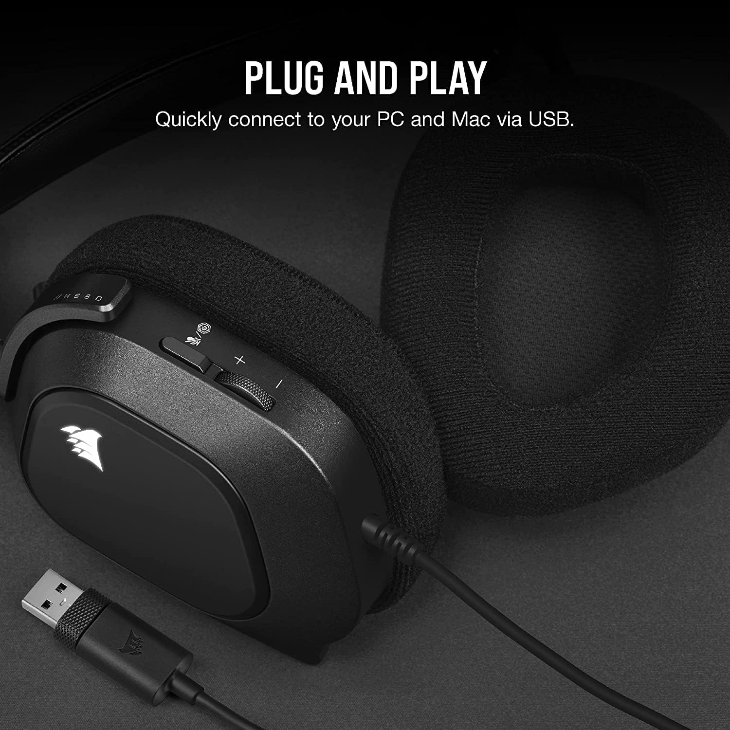 CORSAIR HS80 RGB USB Premium Gaming Headset with Dolby Audio 7.1 Surround Sound (Broadcast-Grade Omni-Directional Microphone, Memory Foam Earpads, High-Fidelity Sound, Durable Construction) Carbon image number 3