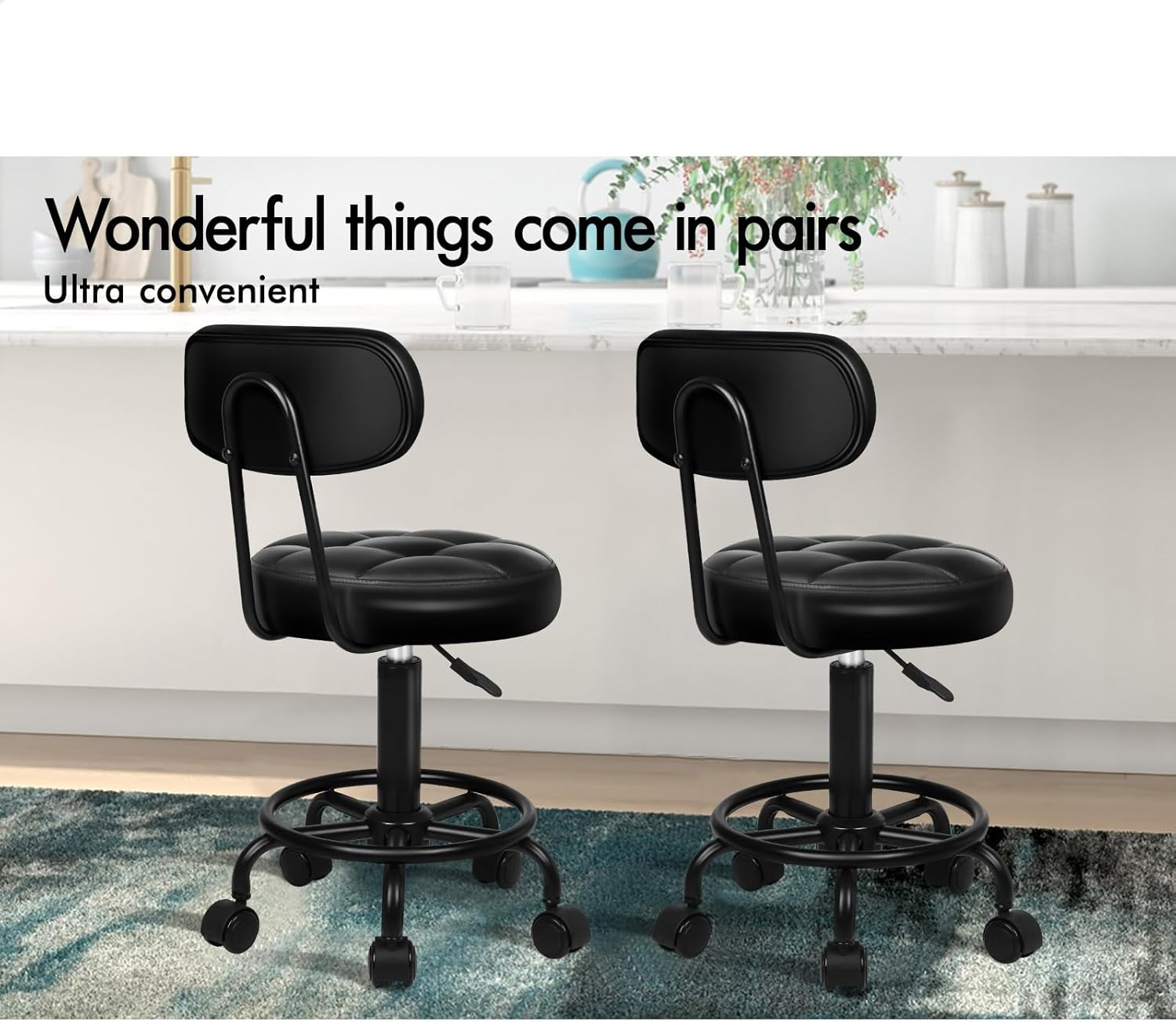 ALFORDSON round Salon Stool PU Leather Upholstery with Backrest, Adjustable Drafting Rolling Stools in 52-67Cm Height, Swivel Spa Chair with Footrest for Hair Barber Massage Table(Riley All Black) - Riley All Black image number 3