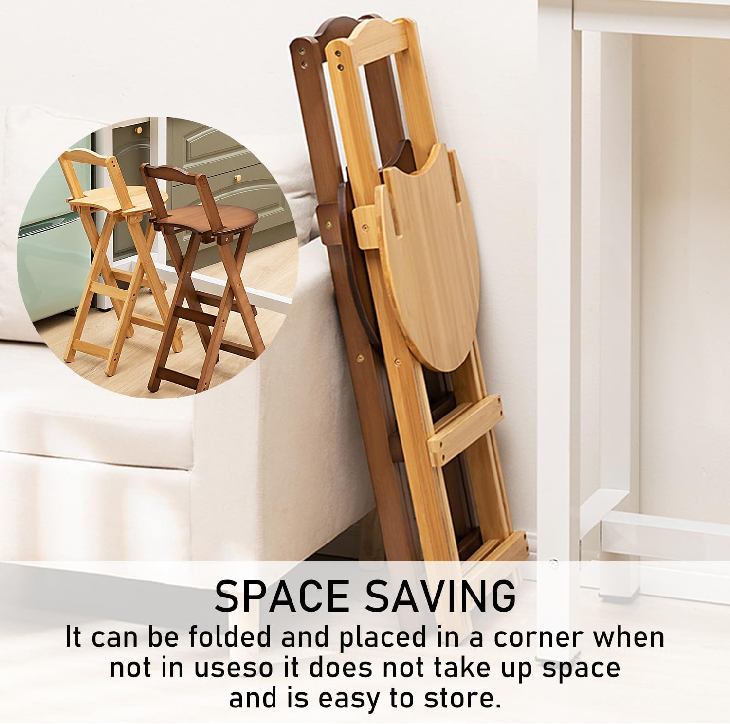 Uandhome Bamboo Folding Bar Stool,Kitchen Counter Stools with Backrest and Footrest,Portable Bar Chairs for Home Kitchen Island Breakfast,No Assembly (Wood) - Walnut image number 7