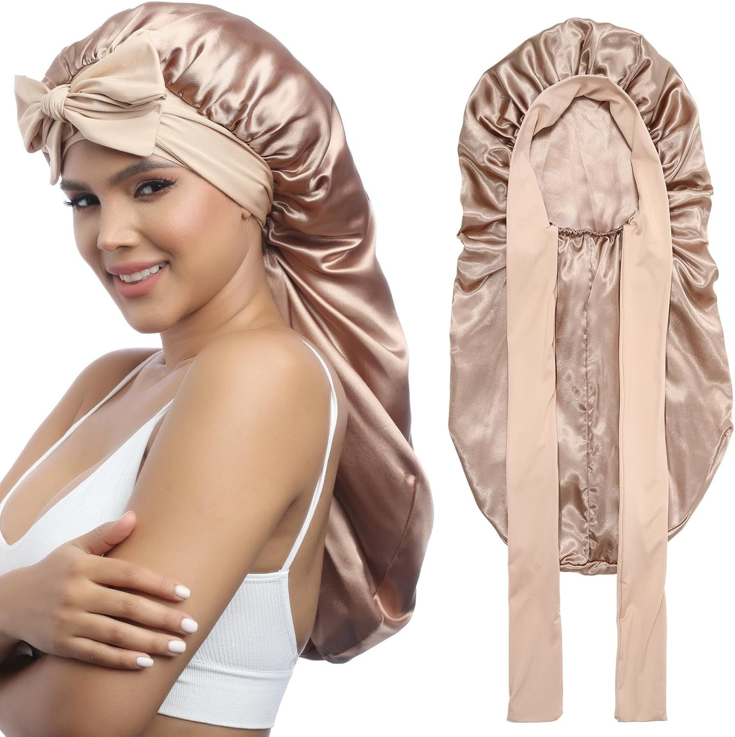Long Satin Bonnet for Women - Double Layer Elastic Silk Bonnet for Braids Hair Sleeping Cap with Tie Band (Gold)