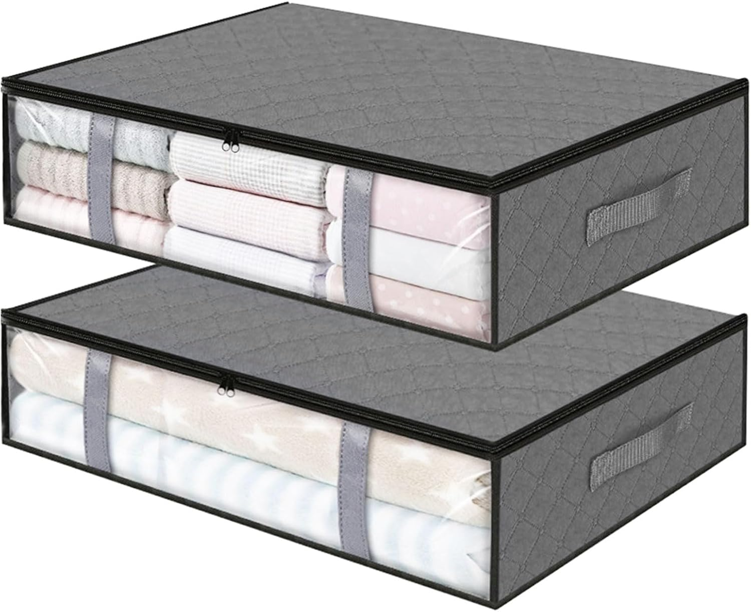2Pcs Underbed Storage Bags,Foldable Large Underbed Storage Organiser Containers, Window Fabric Clothes Storage Boxs with Zips and Reinforced Handle for Blanket，Comforter/Bedding/Quilts image number 6