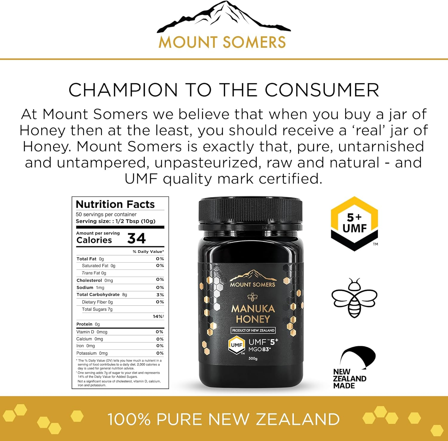Mount Somers 100% Pure Premium Raw Manuka Honey - UMF 5+ / MGO 83+ 500G Jar, Non GMO New Zealand Manuka Honey, Genuine Natural Superfood, Great Taste, UMF Certified & Traceable image number 1
