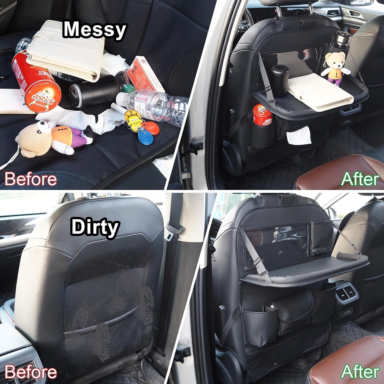 Nappa Leather Car Seat Organizer Kids Travel Tray [1 Pack], Foldable Car Backseat Tablet Holder Storage Bag, Universal Auto Organizer for Car SUV, Multifunction Seat Back Kick Mat Protector image number 2