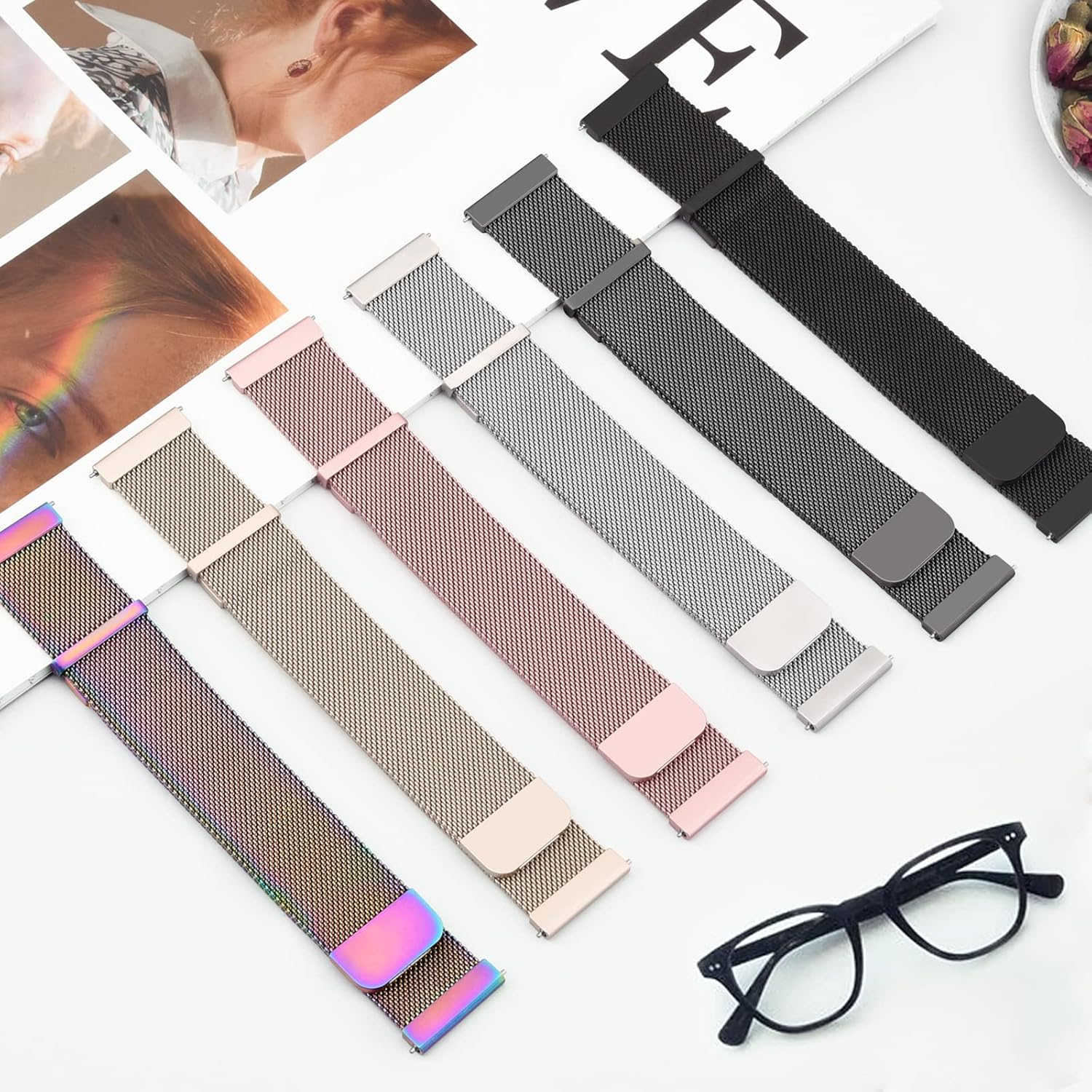 Metal Bands for Garmin Venu 2 Plus/Venu Sq/Venu/Vivoactive 5 - Stainless Steel Loop Magnetic Milanese Mesh Strap for Women and Men - Retro Gold image number 2