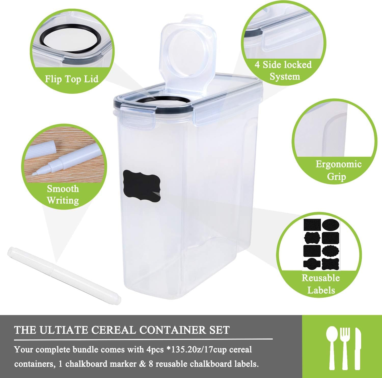 Cereal Containers Storage - 4 Pack Liter Airtight Large Food Storage Containers & Cereal Dispenser for Pantry Organization and Storage with 1 Marker 8 Labels (Clear, 4 Liter/Each)