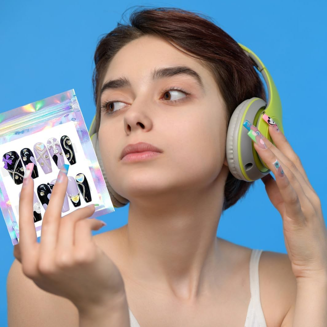 100PCS Empty Holographic Nail Storage Bag, Press on Nail Packaging Bag and 100PCS Shiny White Cardboard with 1 Roll Transparent Tape for Fake Nail Display Storage Organizer Handmade Nails Business image number 3