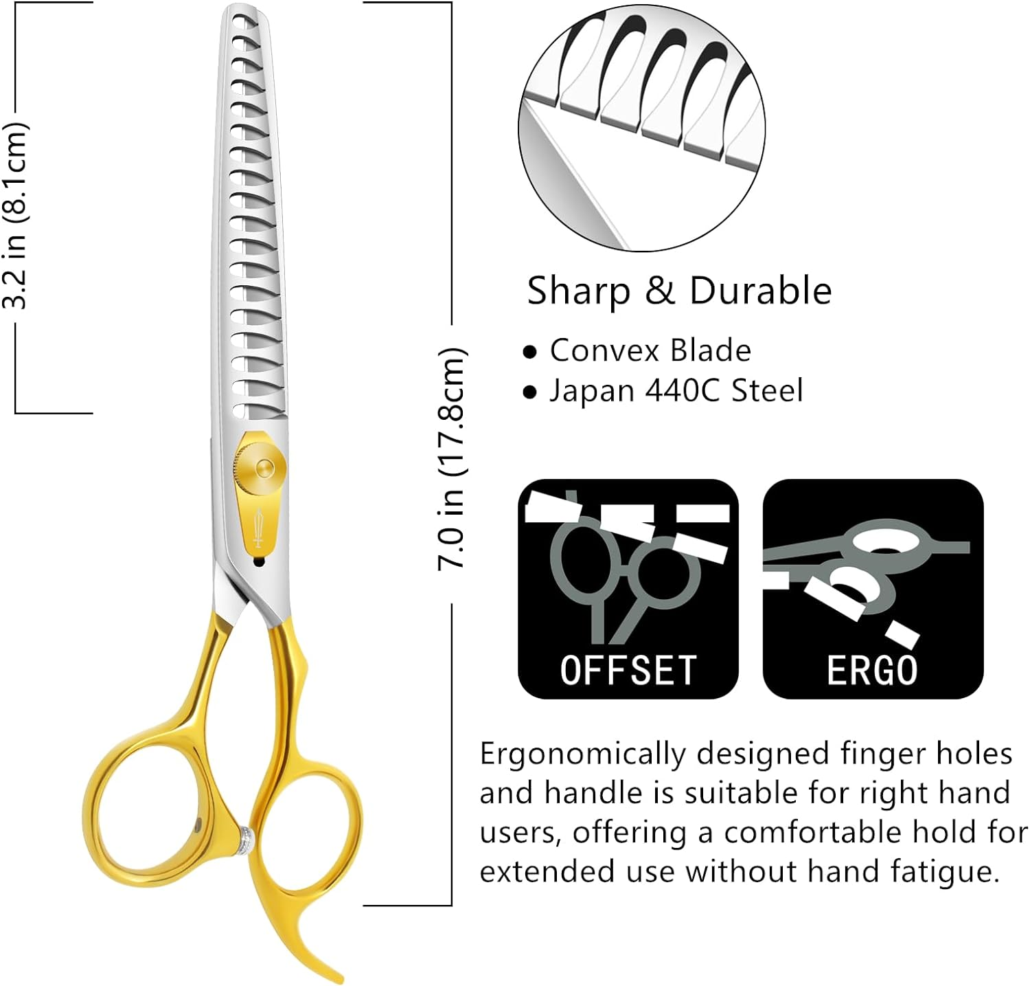 HASHIMOTO Chunkers Dog Grooming Scissors, Dog Shears for Thick Coats, 18 Teeth, 7.0 Inch, 70% Thinning Rate for Thick Fur Trimming, Light Weight, Balanced, Designed for Professional Pet Groomers.
