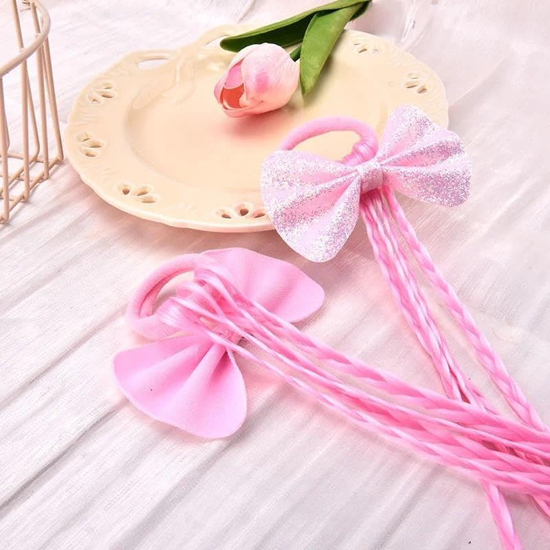 2 PCS Braids Ponytail Extension with Hair Bows Ties for Girls Pink Priness Mermaid Hair Extensions Cosplay Halloween Hair Accessories