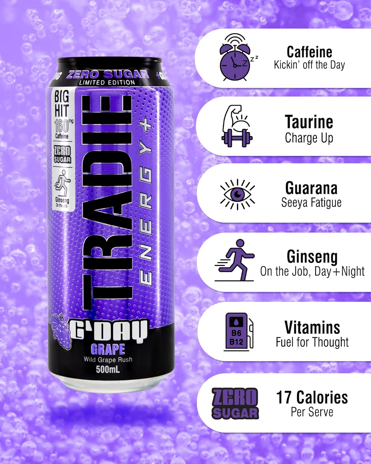 TRADIE G'Day Grape Sugar Free Energy Drink 12 X 500Ml image number 1