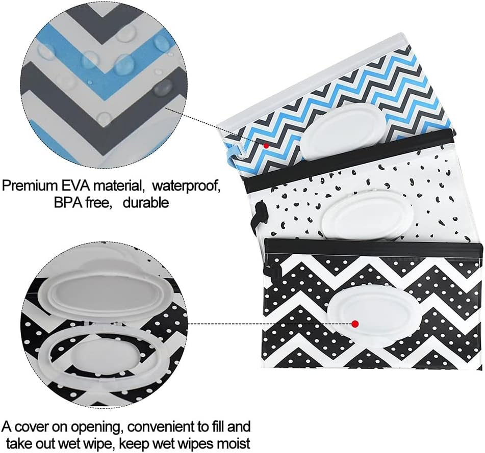 1X Black Wavy EVA Baby Wet Wipe Pouch Wipes Holder Case Reusable Refillable Wet Wipe Bag - Black Wavy X4 image number 2