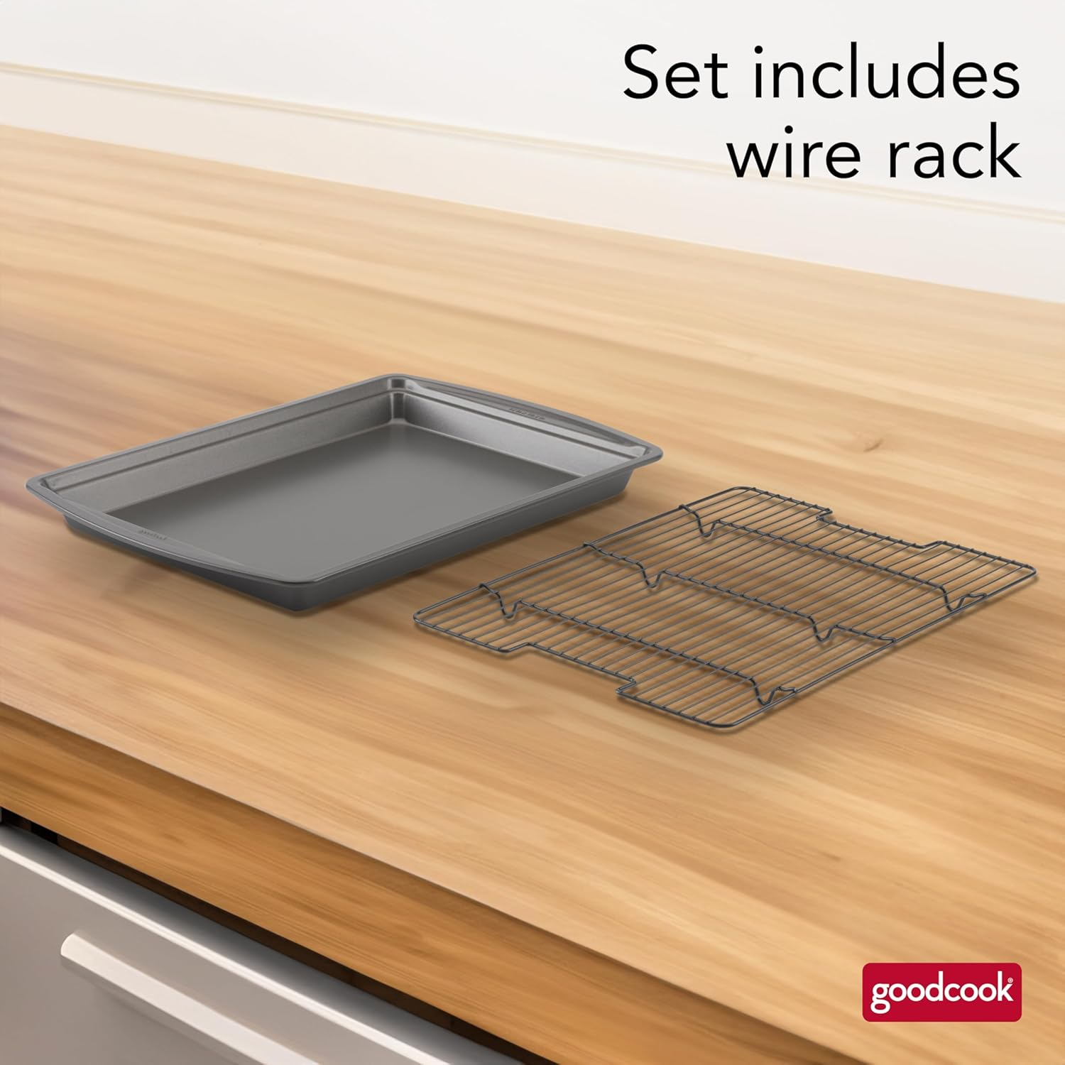 Goodcook 15&rdquo; X 10.5&rdquo; Nonstick Carbon Steel Baking Pan & Raised Wire Rack &ndash; Pizza Crisper, Crispy Bacon, Multipurpose Cooking Sheet Pan, Cooling Rack, Kitchen Cookware Set, Dishwasher Safe image number 6