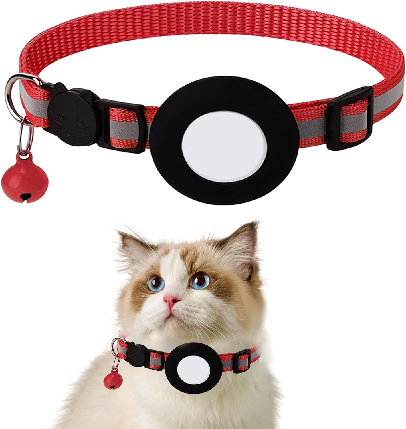 Cat Collar with Holder and Bell, Reflective, Compatible with Cat Tracker, Cat Collar with Safety Buckle, Adjustable Size, Nylon Strap, Comfortable GPS Not Included (Set B) image number 2