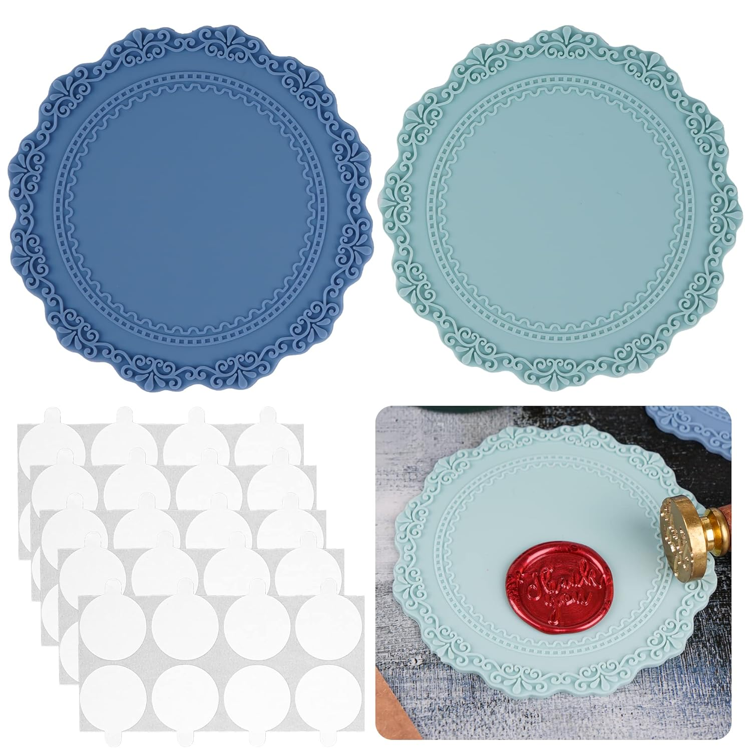 Wax Seal Silicone Pad Kit 2 Pieces Wax Seal Pads with 40 Pieces Double Sided Adhesive Dots for Thank You Cards Wedding Invitations Wrapping for Making Sealing Wax