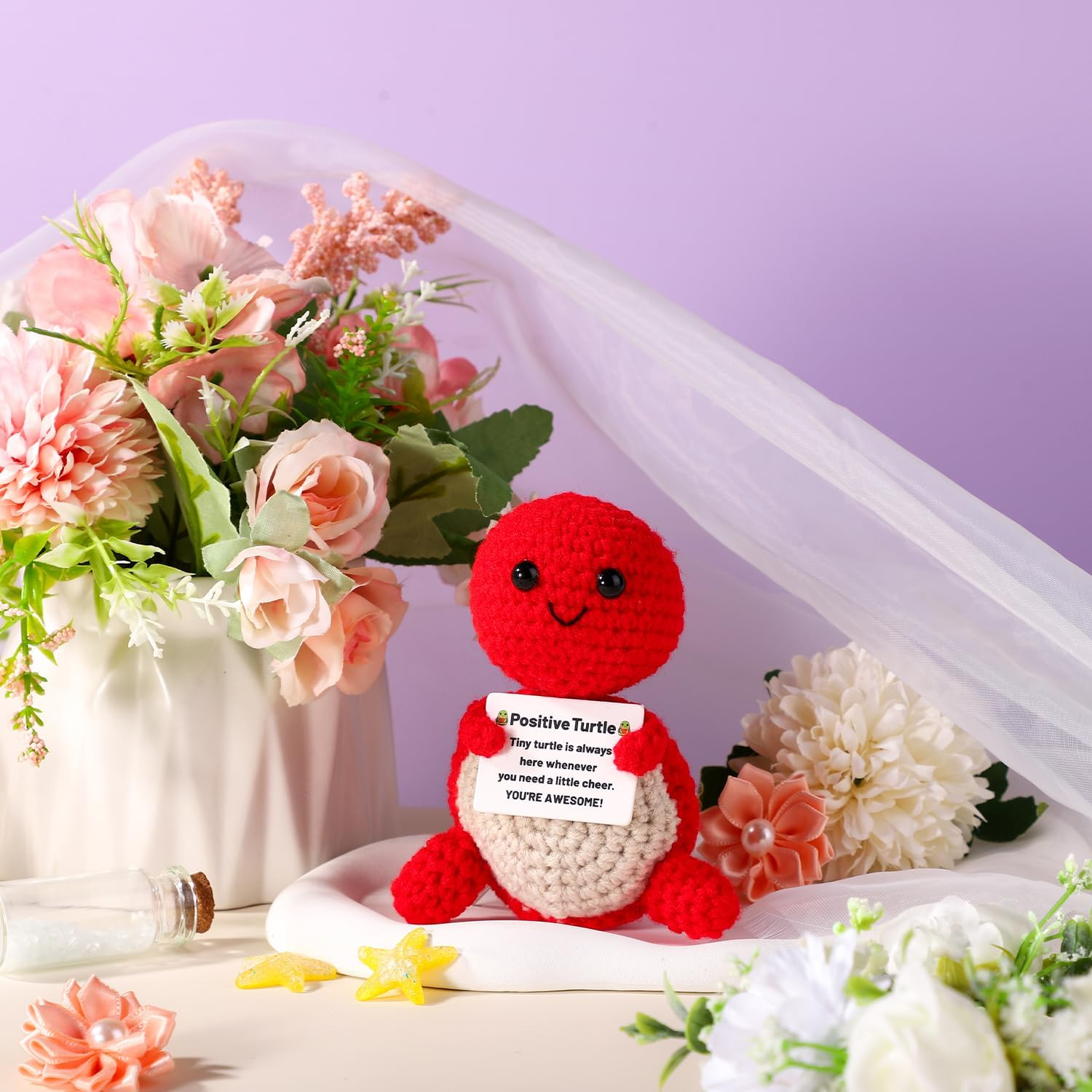 Positive Turtle, Mini Knitted Turtle Positive Turtle Crochet Positive Crochet Animals Knitted Wool Doll Crochet Turtle for Motivational Gift Party Decoration(Red) image number 3