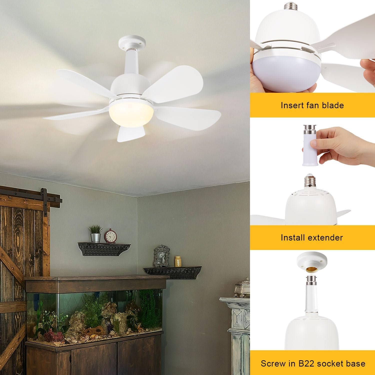 60CM Socket Fan Light with B22 Base Extension, Upgraded LED Light Socket Fan, Ceiling Fan with Lights and Remote for Bathroom, Kitchen, Bedroom image number 6