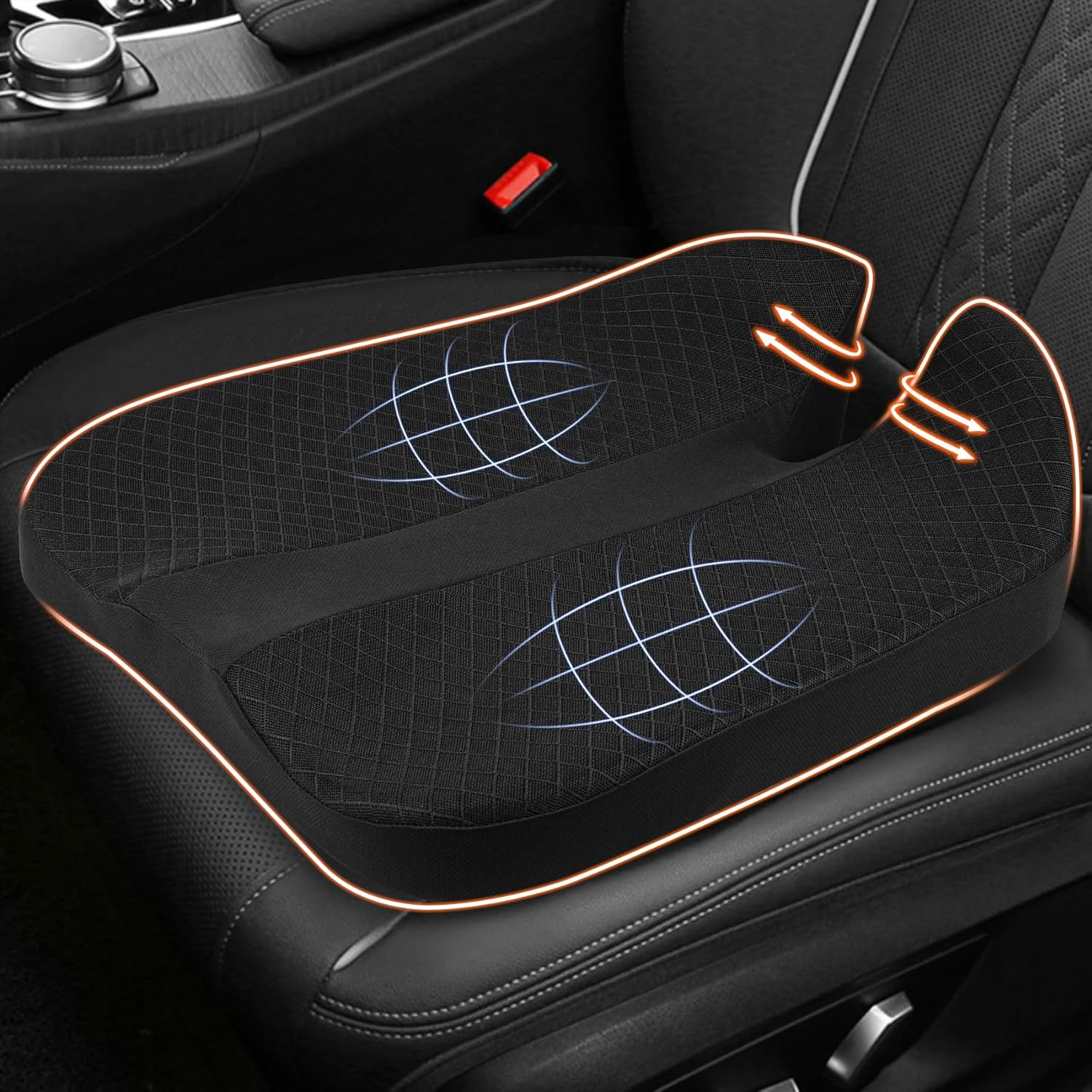 MYFAMIREA Car Seat Cushion and Back Support Pillow 1.2'' Thick Memory Foam Desk Chair Cushion Back Support for Automotive Seat Driver, Travel, Leg and Back Pain Relief, Washable, Adjustable, Black