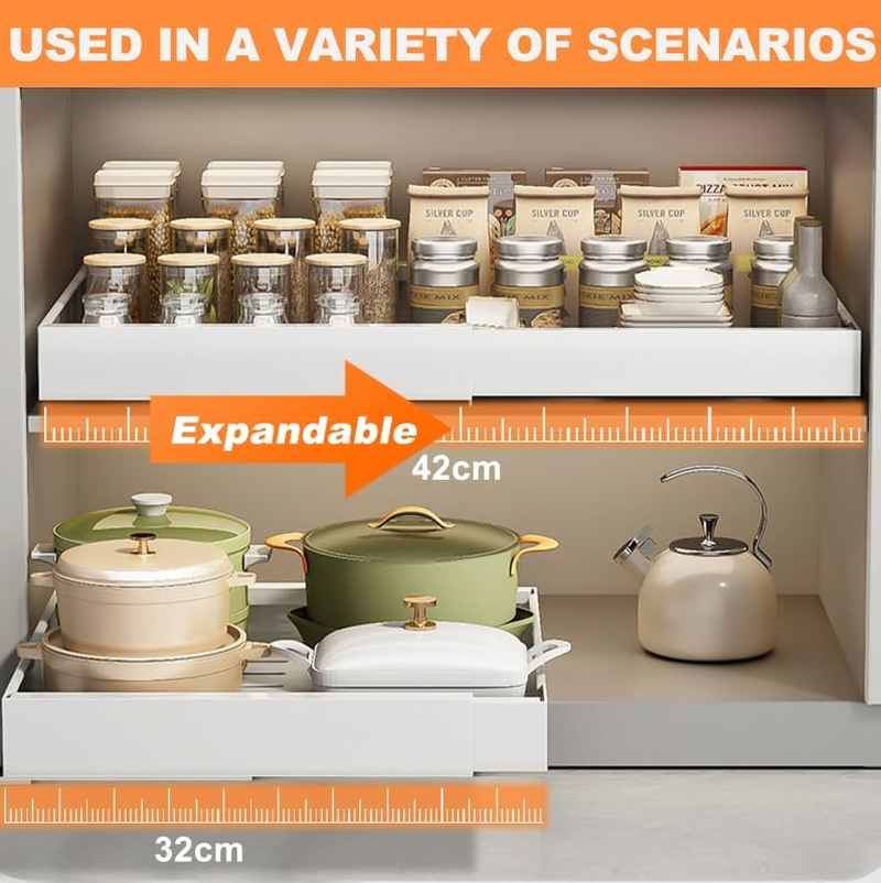 2 Pack Pull Out Cabinet Organizer, Expandable (12.6-20.5In) Cabinet Roll Out Drawers，Upgraded No-Drill Chest of Pull Out Drawers for Cabinets with 3 Adjustable Slides (White, 16.5 in Deep) image number 6