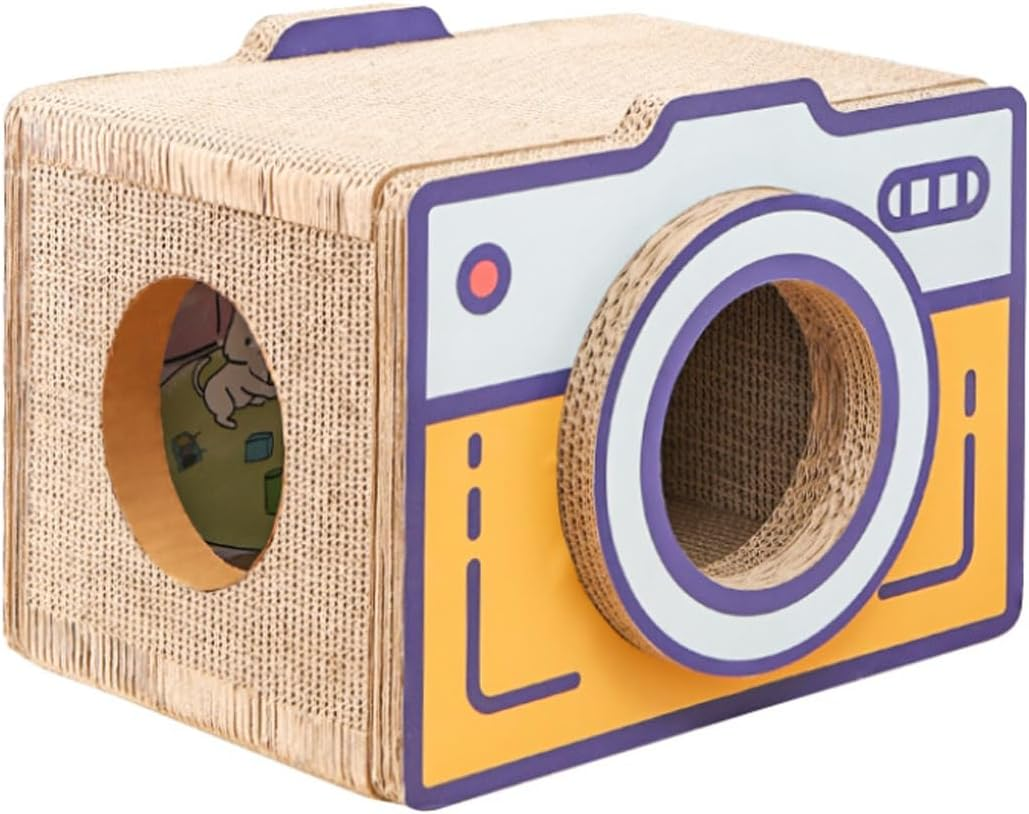 AIMALL Corrugated Cat Scratch Board Retro Camera Style Vertical Cat Nest House Durable Yellow Cardboard Cat Toy Furniture for Indoor Pets image number 2