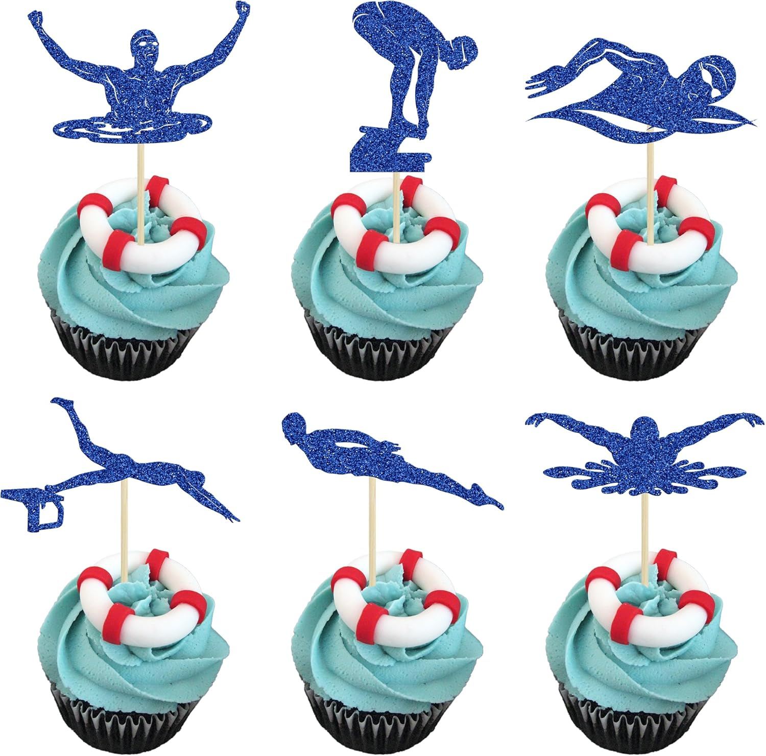 Ephlyn 24Pcsswim Cupcake Toppers Summer Swimming Cupcake Toppers Picks Black Swimming Cake Topper for Swim Party Birthday Baby Shower Kids Birthday Party Cake Decorations Supplies Blue image number 2