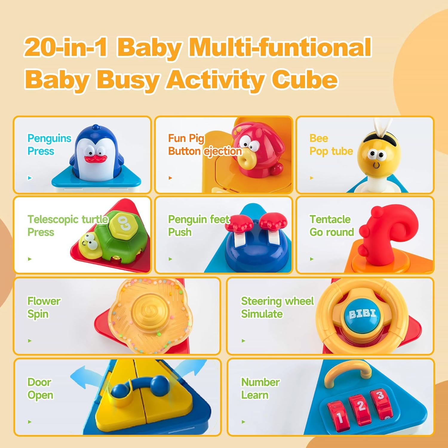CYZAM 20-In-1 Activity Cube, Montessori Toys for 18M+ Kids Toddlers, Baby Sensory Busy Center with Lights and Music, Infant Educational Development Toys for 1 2 Years Old Boys Girls image number 6