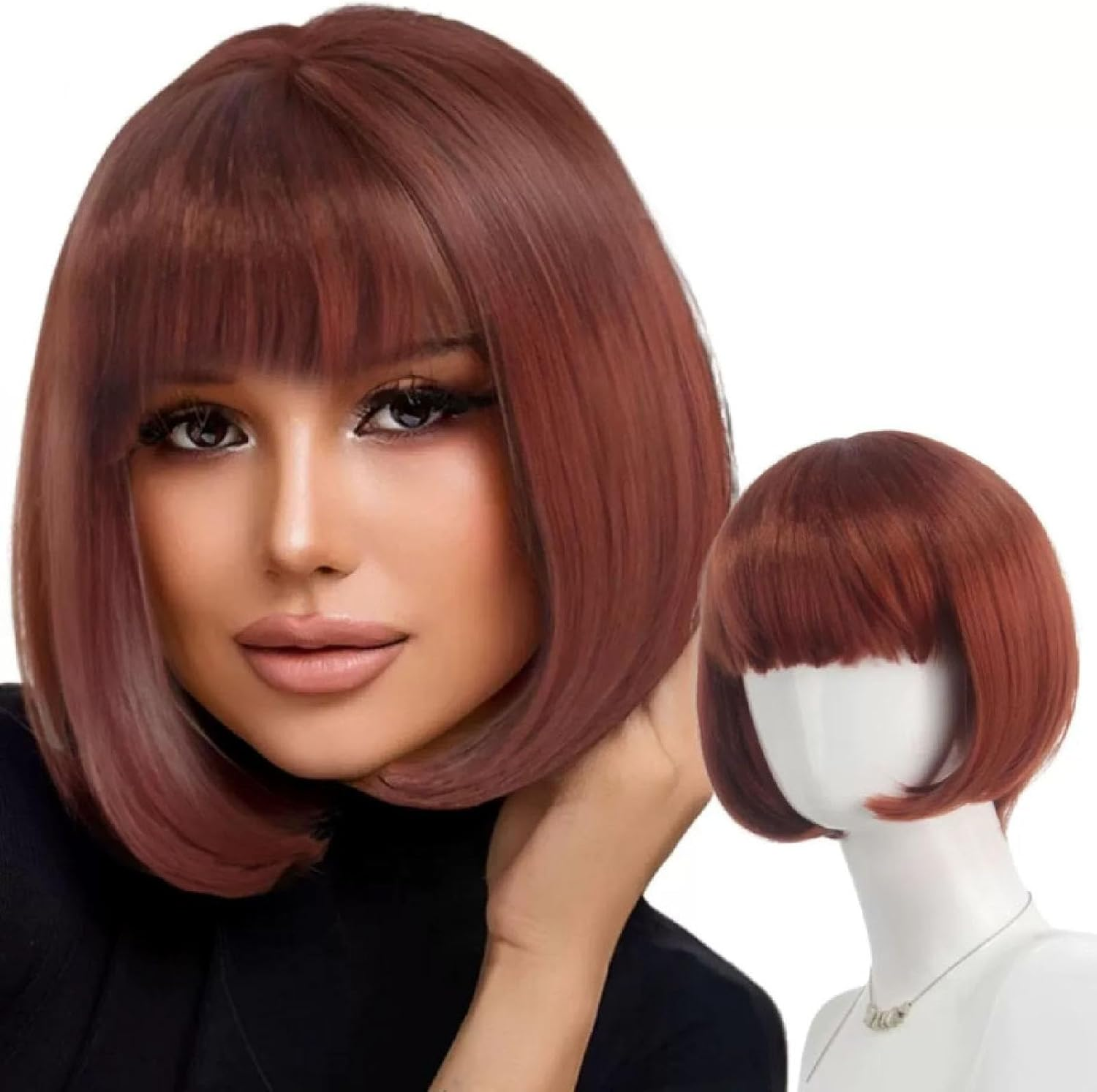 Short Brown Wigs,Brown Wig with Bangs Fashion Short Straight Flat Bang Wigs for Girls Straight Bangs Wig for Women for Daily Use image number 2