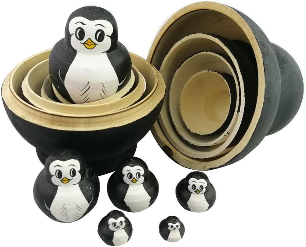 Winterworm Cute Lovely Mini Animal Nesting Dolls Matryoshka Doll Russian Doll Set 10 Pieces Wooden Handmade Kids Toy Gift Home Decoration Perfect (Penguin). image number 1