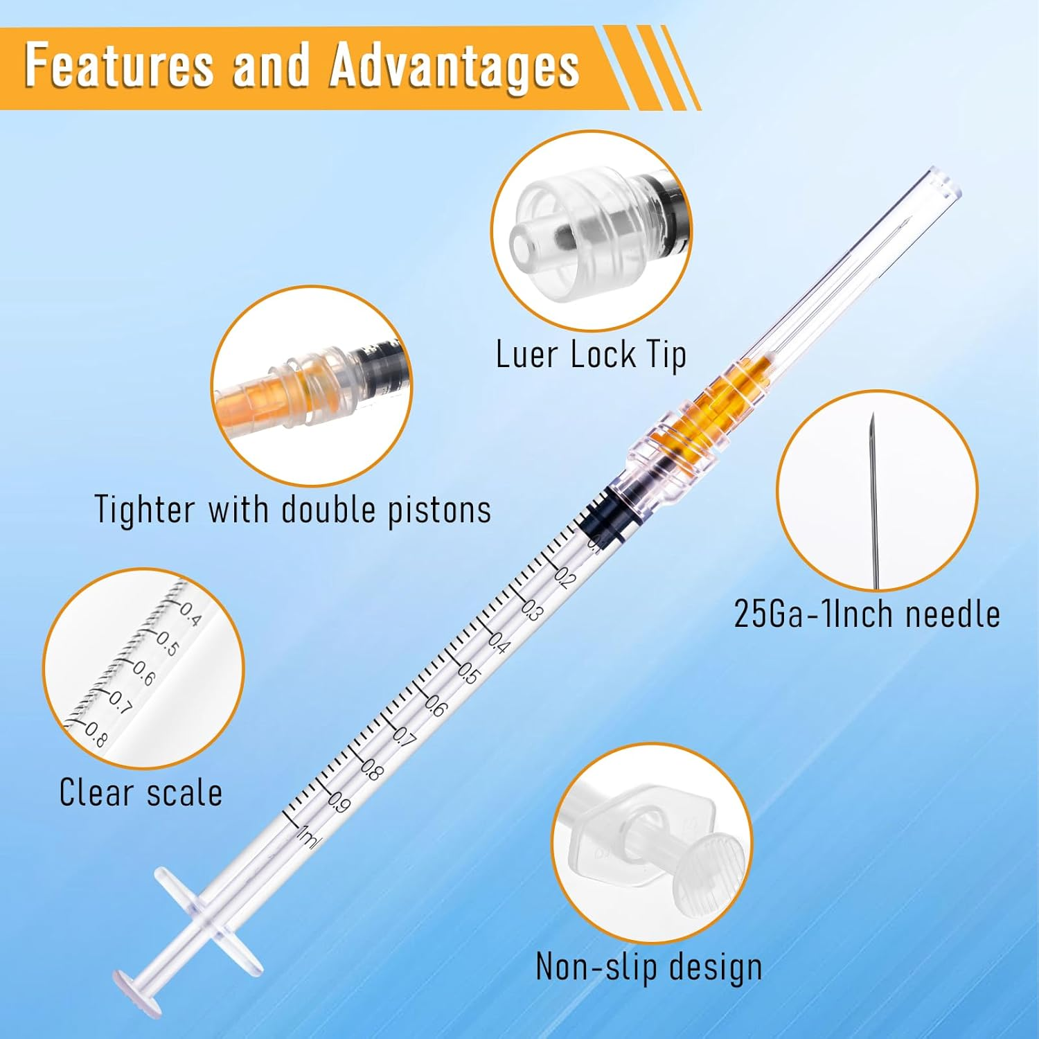 1Ml/Cc Syringes with 25G 1 Inch 25Mm Needle, Disposable Syringe Forlab Measuring Supplies, Individually Wrapped, Pack of 20 image number 6