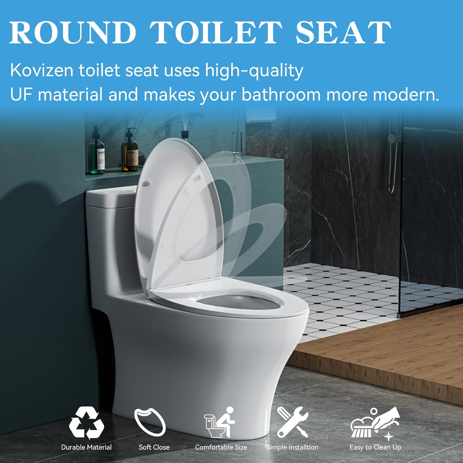 Kovizen Soft Close Toilet Seat, Oval Toilet Seat with Quick Release for Easy Clean, Simple Top Fixing, White Toilet Seats with Adjustable Hinges, O Shape image number 5